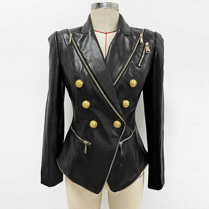 Stylish black fitted leather jacket with zippers and gold button accents for a chic look