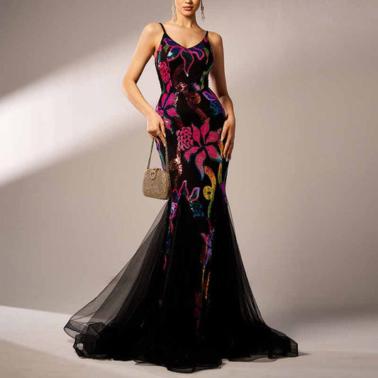 Black Floral Sequin Spaghetti Strap Prom Dress Mermaid Ball Gown Bridesmaid Dress