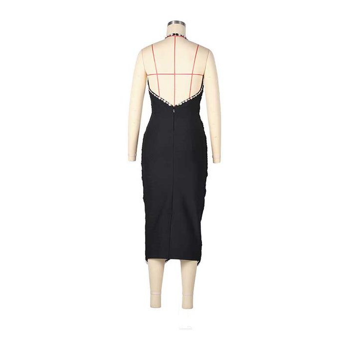 Elegant black halter neck rhinestone dress with a fitted silhouette and stylish back design