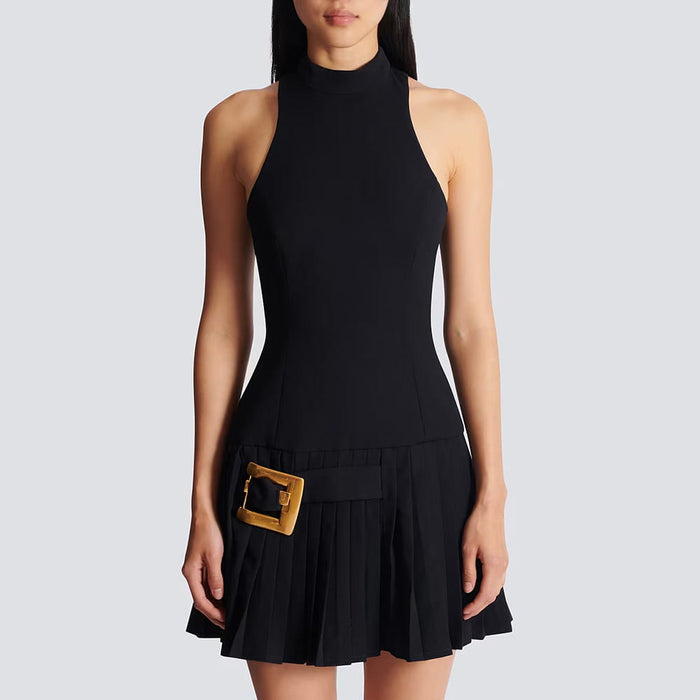Black High Neck Halter Mini Dress with Gold Buckle & Pleated Skirt – Elegant & Edgy Evening Wear