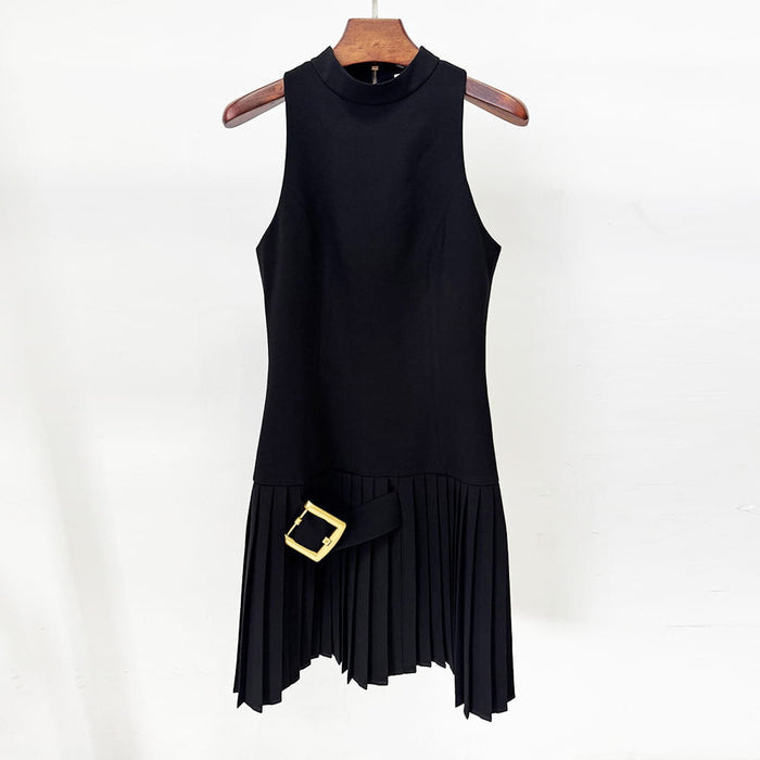 Black High Neck Halter Mini Dress with Gold Buckle & Pleated Skirt – Elegant & Edgy Evening Wear