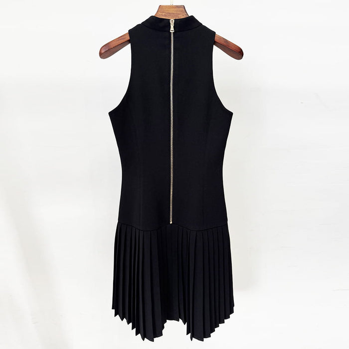 Black High Neck Halter Mini Dress with Gold Buckle & Pleated Skirt – Elegant & Edgy Evening Wear
