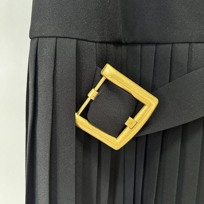 Black High Neck Halter Mini Dress with Gold Buckle & Pleated Skirt – Elegant & Edgy Evening Wear