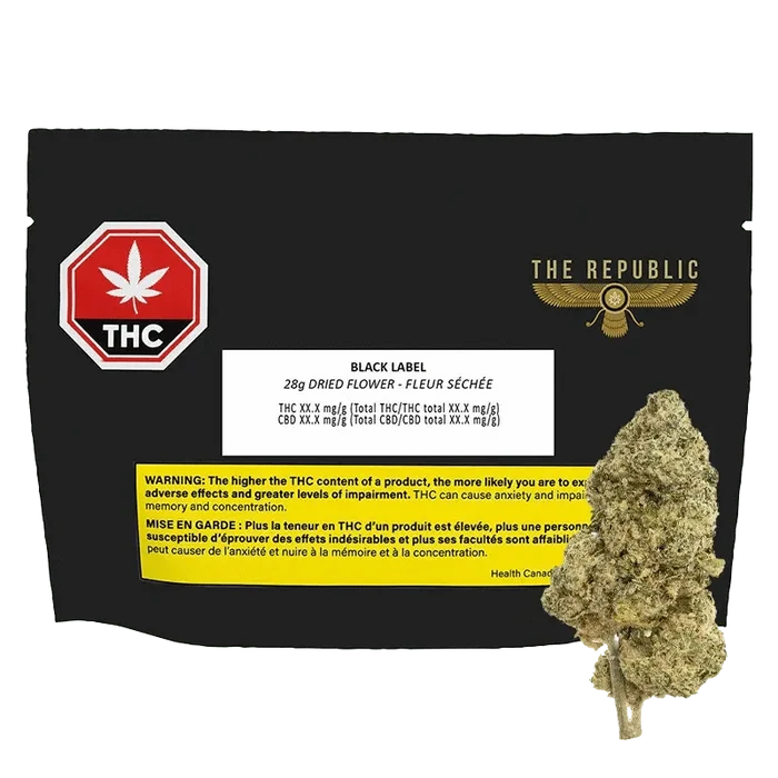Black Label displays a close-up of packaging with THC information, set against a dark, slightly textured background.