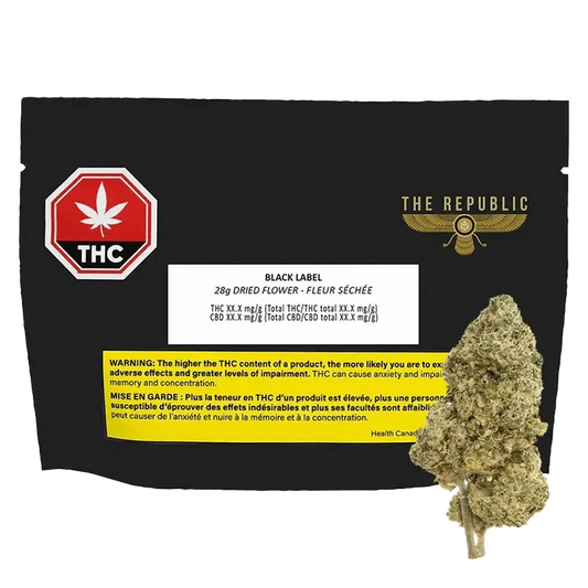 Black Label displays a close-up of packaging with THC information, set against a dark, slightly textured background.