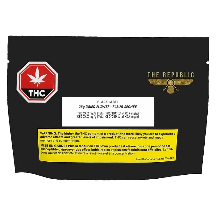 Close-up of the Black label package, showing bold lettering and a cannabis leaf against a dark background.