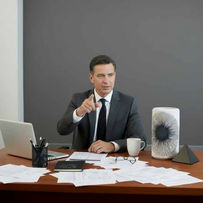 Man in a suit sitting at a desk with a laptop and various items, pointing towards the camera.