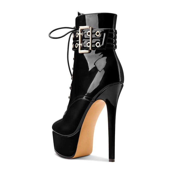 Black Pointed Toe Sileto Heel Buckle Ankle Boots Patent Leather Platform Boots