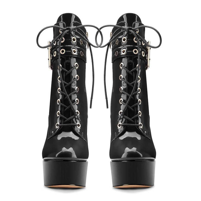 Black Pointed Toe Sileto Heel Buckle Ankle Boots Patent Leather Platform Boots