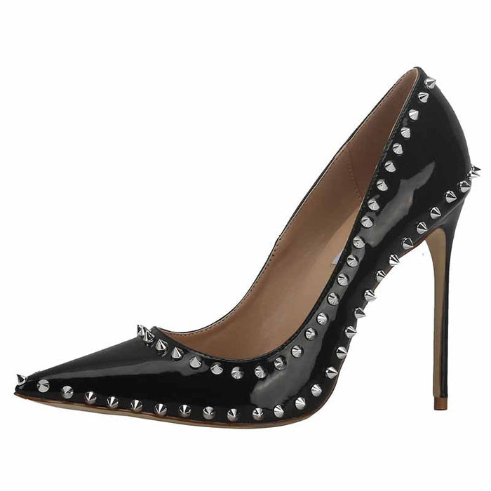 Black Rivet Studded Pointed Toe Slip on Sexy High Heel Pump Shoes