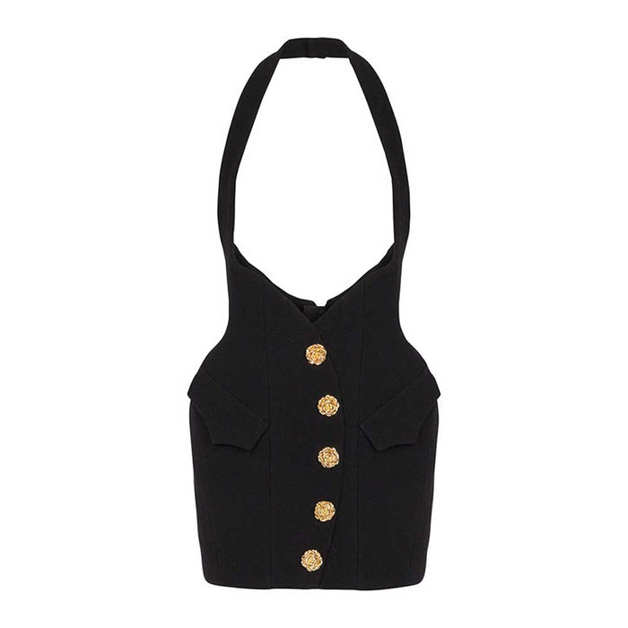 Black Slim-Fit Jacket With Rose Gold Buttons Coat and Mini Skirt