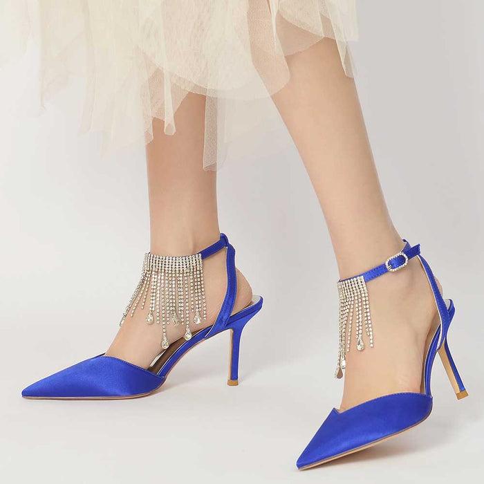 Bling tassel high heel shoes in cobalt blue with elegant ankle straps and shimmering details