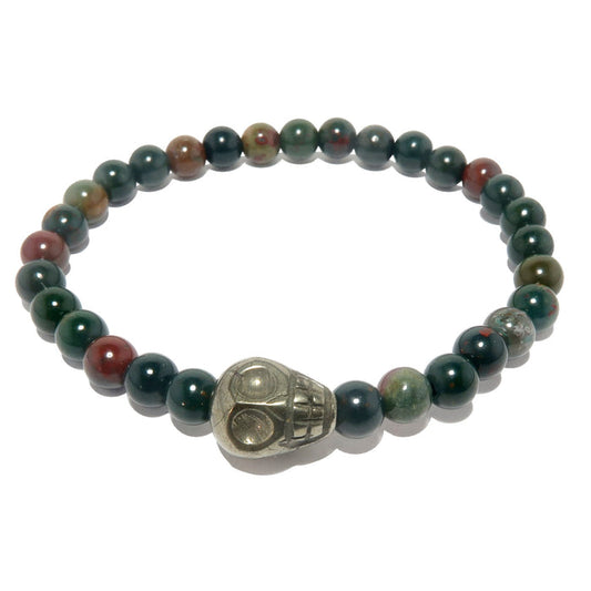 pyrite skull and round bloodstone beaded stretch bracelet