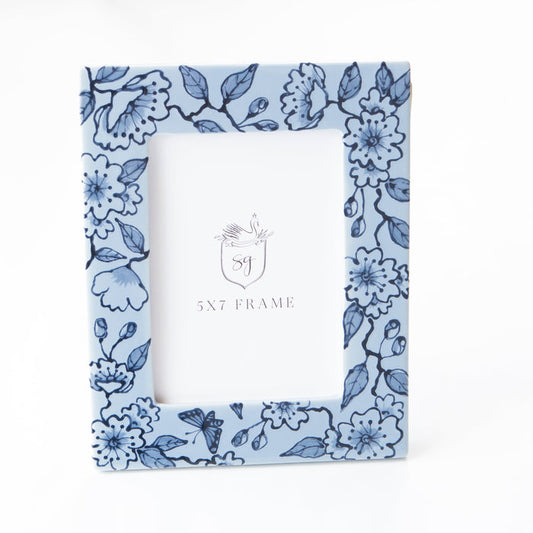 Blue Blossom Chinoiserie Ceramic Picture Frame — French Blue Blossom Chinoiserie frame in portrait position; Susan Gordon Pottery
