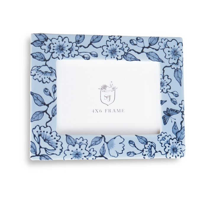 Blue Blossom Chinoiserie Ceramic Picture Frame — French Blue frame in landscape position with sample insert; Susan Gordon Pottery