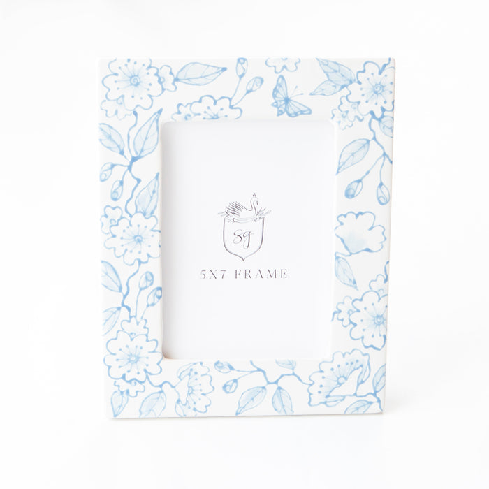 Blue Blossom Chinoiserie Ceramic Picture Frame — White Blossom Chinoiserie frame in portrait position; Susan Gordon Pottery