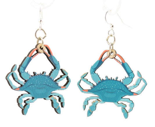 Blue crab earrings with claws and shell detail, eco-friendly jewelry made in USA
