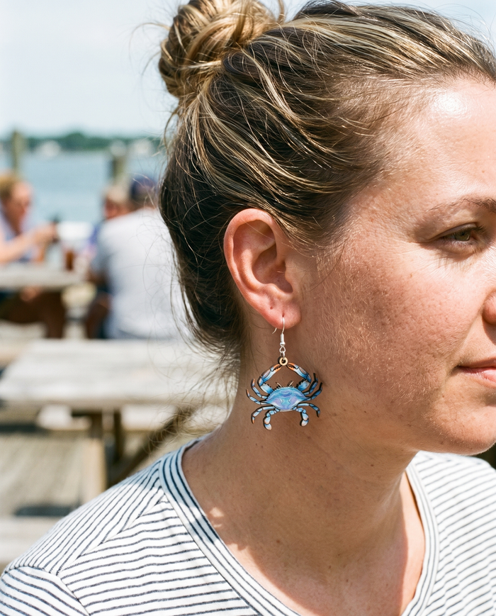 Blue Crab Earrings #1590 shown on model