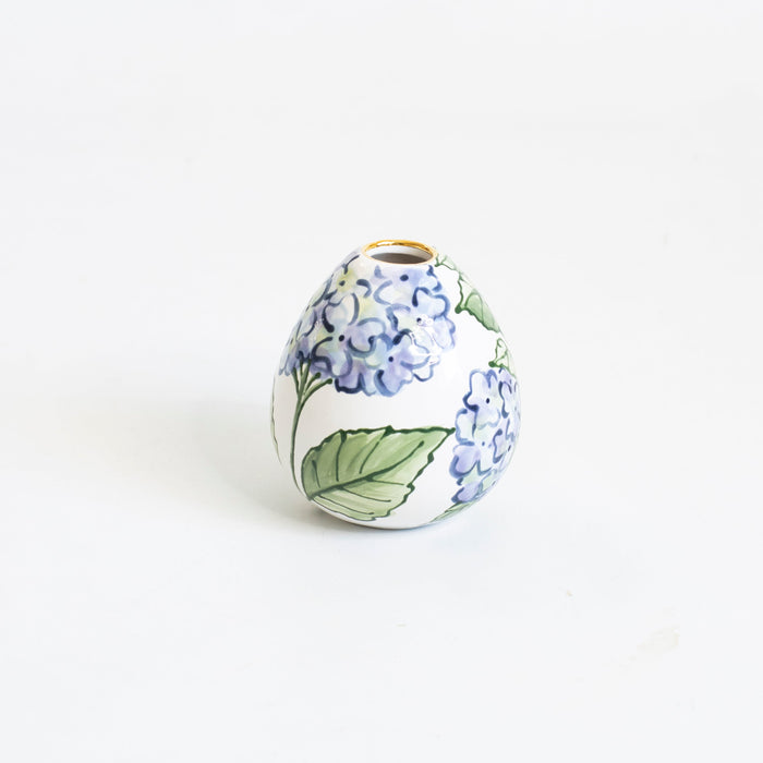 Blue Hydrangea Fleur Stoneware Bud Vase — Blue Hydrangea Fleur bud vase with hand-painted flowers and Gold-luster rim; Susan Gordon Pottery