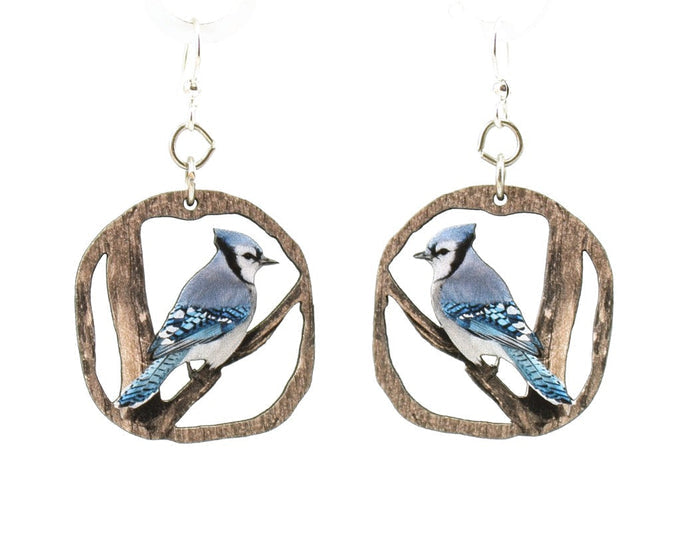 Blue jay earrings with crest and blue tail feathers, eco-friendly jewelry made in USA
