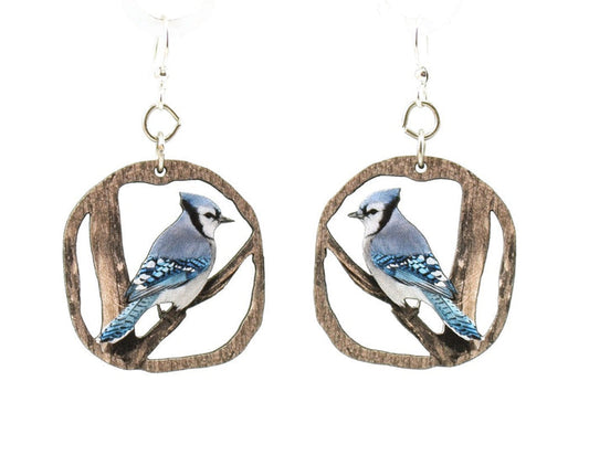 Blue jay earrings with crest and blue tail feathers, eco-friendly jewelry made in USA