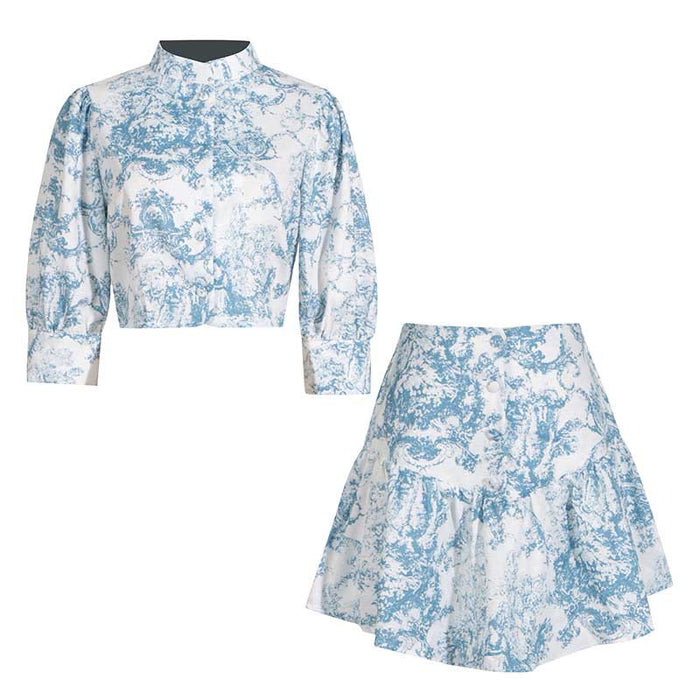 Blue Printed Mini Skirt Suit