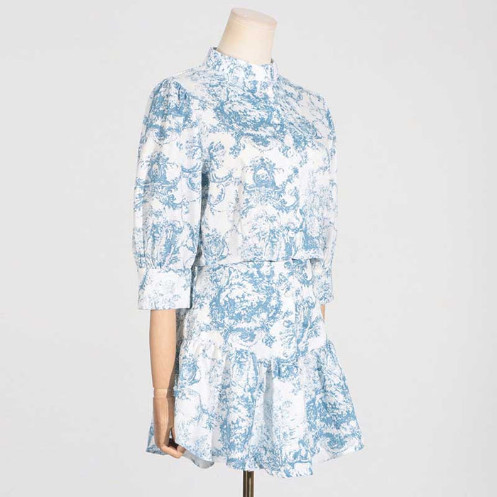 Blue Printed Mini Skirt Suit