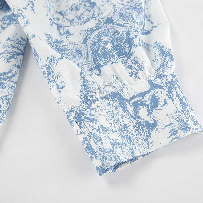 Blue Printed Mini Skirt Suit