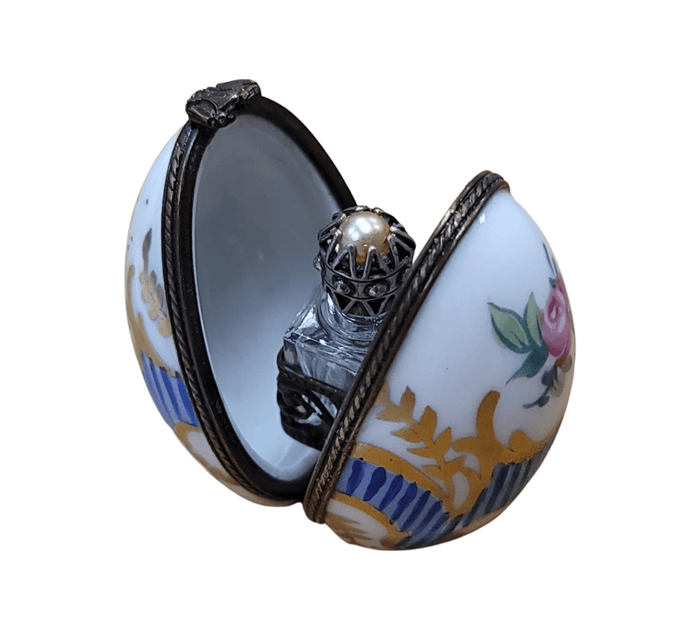 Blue Striped Egg Perfume Box Porcelain Limoges Perfume egg French Trinket Box