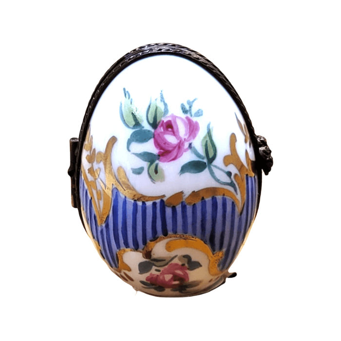 Blue Stripes Elegant Picture Frame Porcelain Limoges egg French Trinket Box