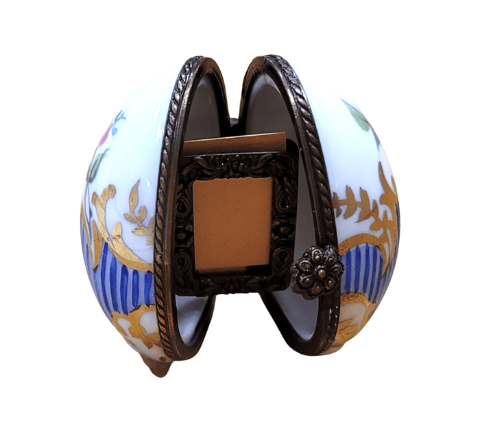 Blue Stripes Elegant Picture Frame Porcelain Limoges egg French Trinket Box