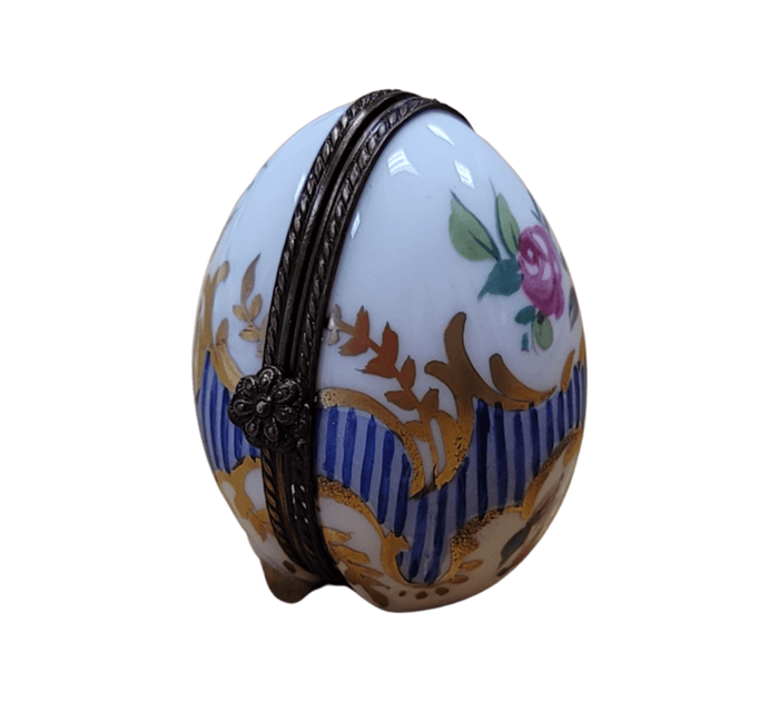Blue Stripes Elegant Picture Frame Porcelain Limoges egg French Trinket Box