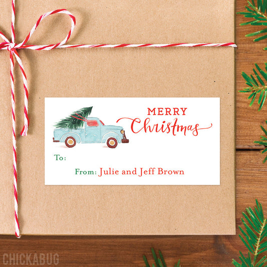 Blue Vintage Truck Christmas Gift Labels