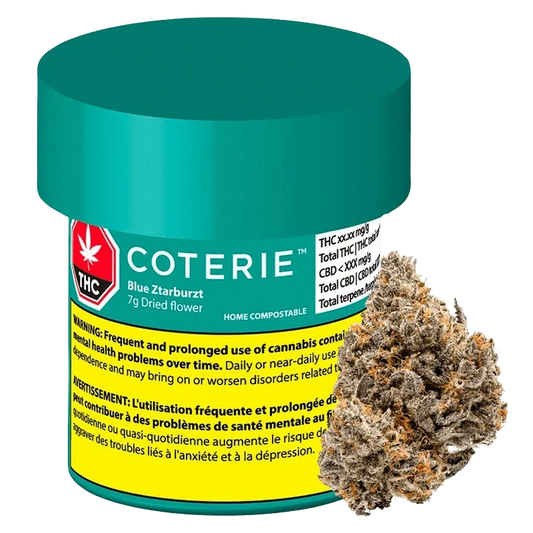 Front view of the Coterie Blue Ztarburzt product packaging with red warning label and white text.