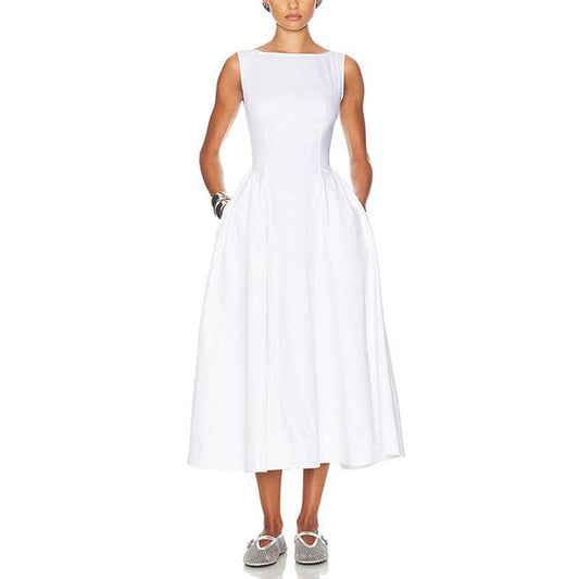 Boat Neck Ruffle Backless Midi Dress