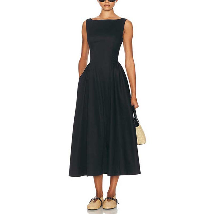 Boat Neck Ruffle Backless Midi Dress