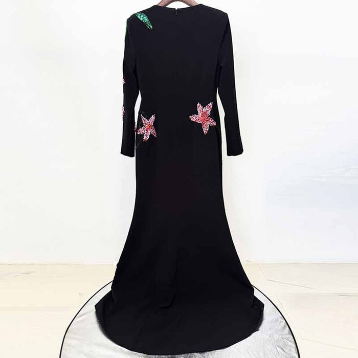Boat Neck Sequin Floral Applique Long-Sleeve Black Gown