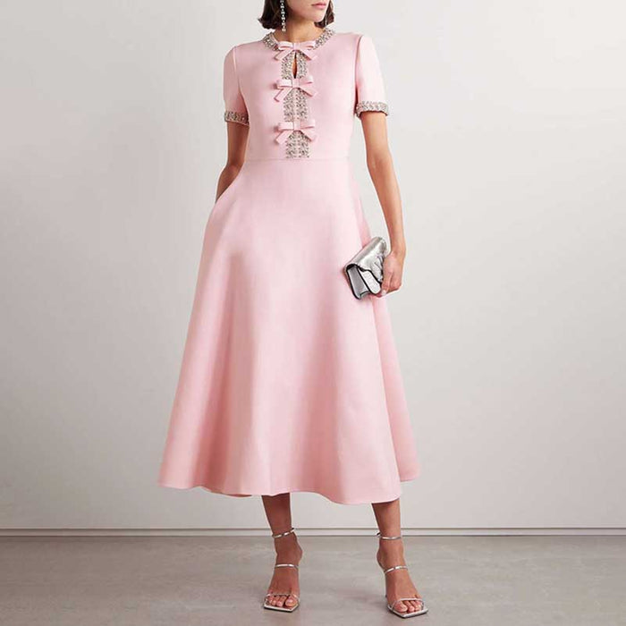 Bow-Detailed Crystal-Trim Midi Dress