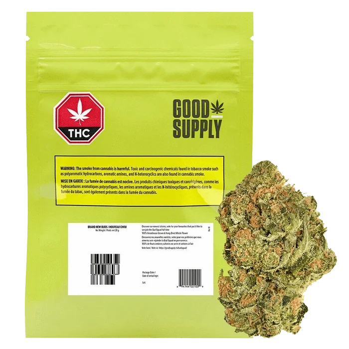 Front view of the Brand New Buds package with a green logo and text warning about carcinogens in cannabis smoke.