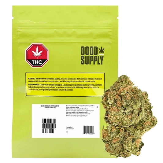 Front view of the Brand New Buds package with a green logo and text warning about carcinogens in cannabis smoke.