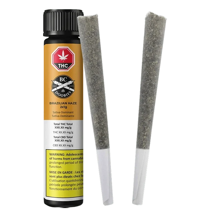 Front view of the “Brazilian Haze Pre Rolled 2 x 1 g” package, displaying product details against a dark background.