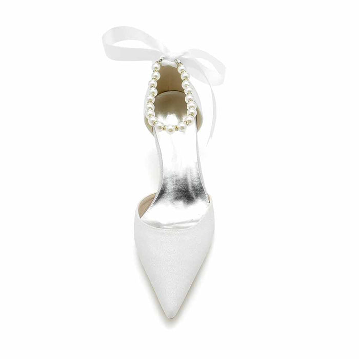 Elegant TC bridal ankle strap glitter heels with pearl detail and satin finish for weddings