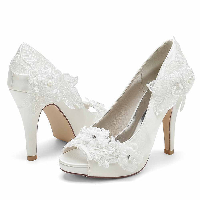 Bridal lace peep toe stiletto heels featuring elegant floral embellishments