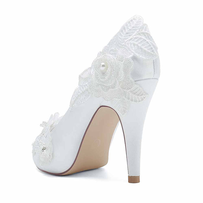 Elegant bridal lace peep toe stiletto heels from S&DCo with floral detailing for weddings