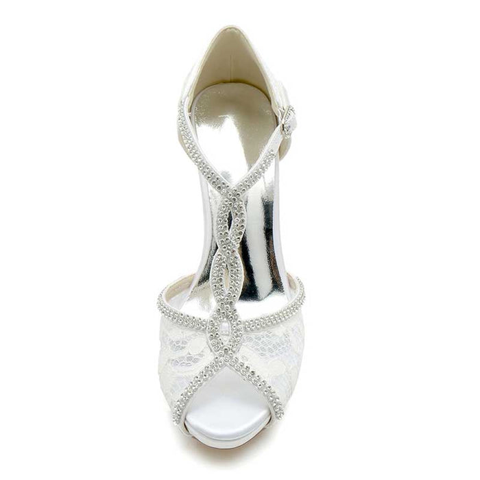 S&DCo. bridal platform wedding shoes with elegant lace and diamond-like accents