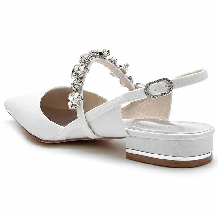 Bridal rhinestone low heel shoes in white with elegant embellishments for weddings