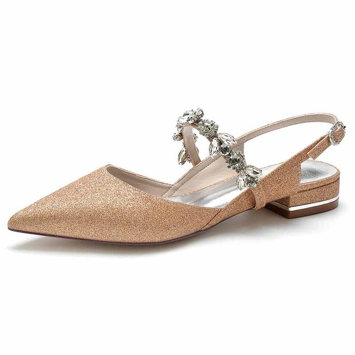 Bridal rhinestone low heel shoes in gold with a sparkling finish for wedding elegance