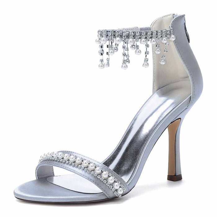 Bridal Sandals with Pearls & Rhinestones, Ankle Strap High Heels for Wedding Party Evening Dress