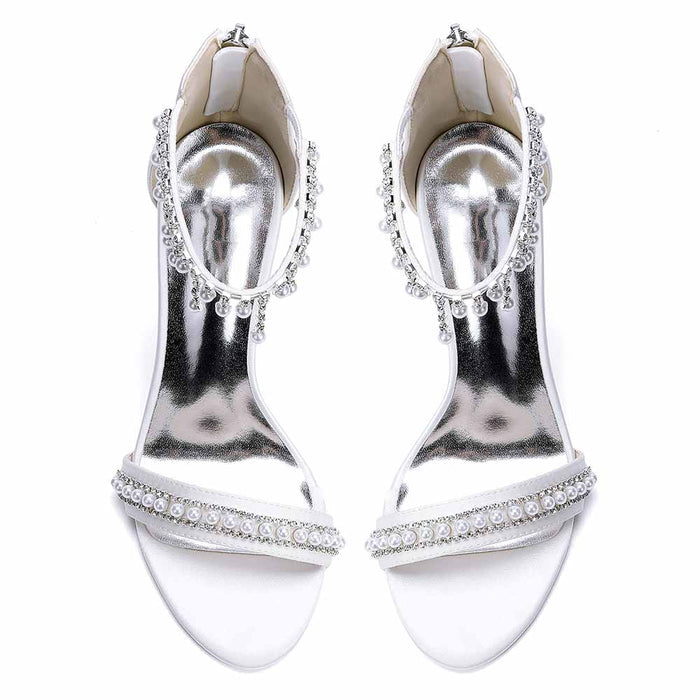 Bridal Sandals with Pearls & Rhinestones, Ankle Strap High Heels for Wedding Party Evening Dress