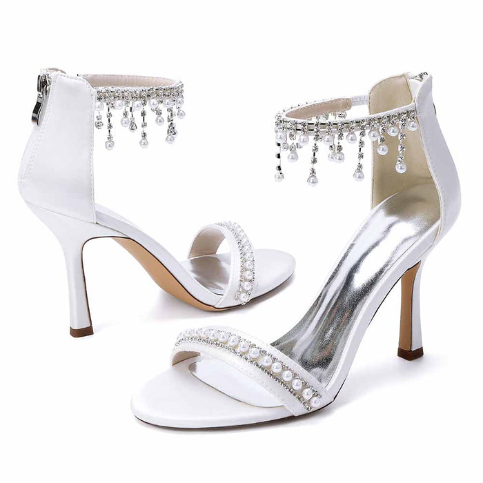 Bridal Sandals with Pearls & Rhinestones, Ankle Strap High Heels for Wedding Party Evening Dress